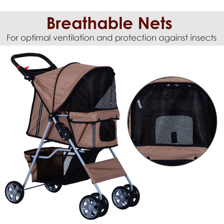 PawHut Dog Pram Pet Stroller Foldable Dog Pushchair with Wheels Zipper Entry Cup Holder Storage Basket Brown