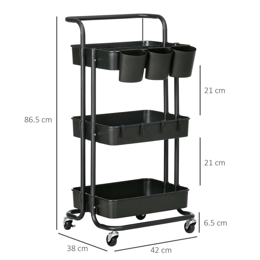3 Tier Utility Rolling Cart, Kitchen Cart with 3 Removable Mesh Baskets, 3 Hanging Box, 4 Hooks and Dividers for Living Room, Laundry Black