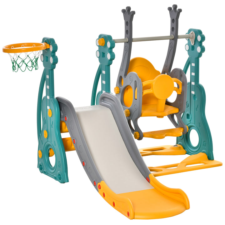 3-IN-1 Kids Swing and Slide Set with Basketball Hoop Slide Swing Adjustable Seat Height Toddler Playground Activity Center Indoor and Outdoor