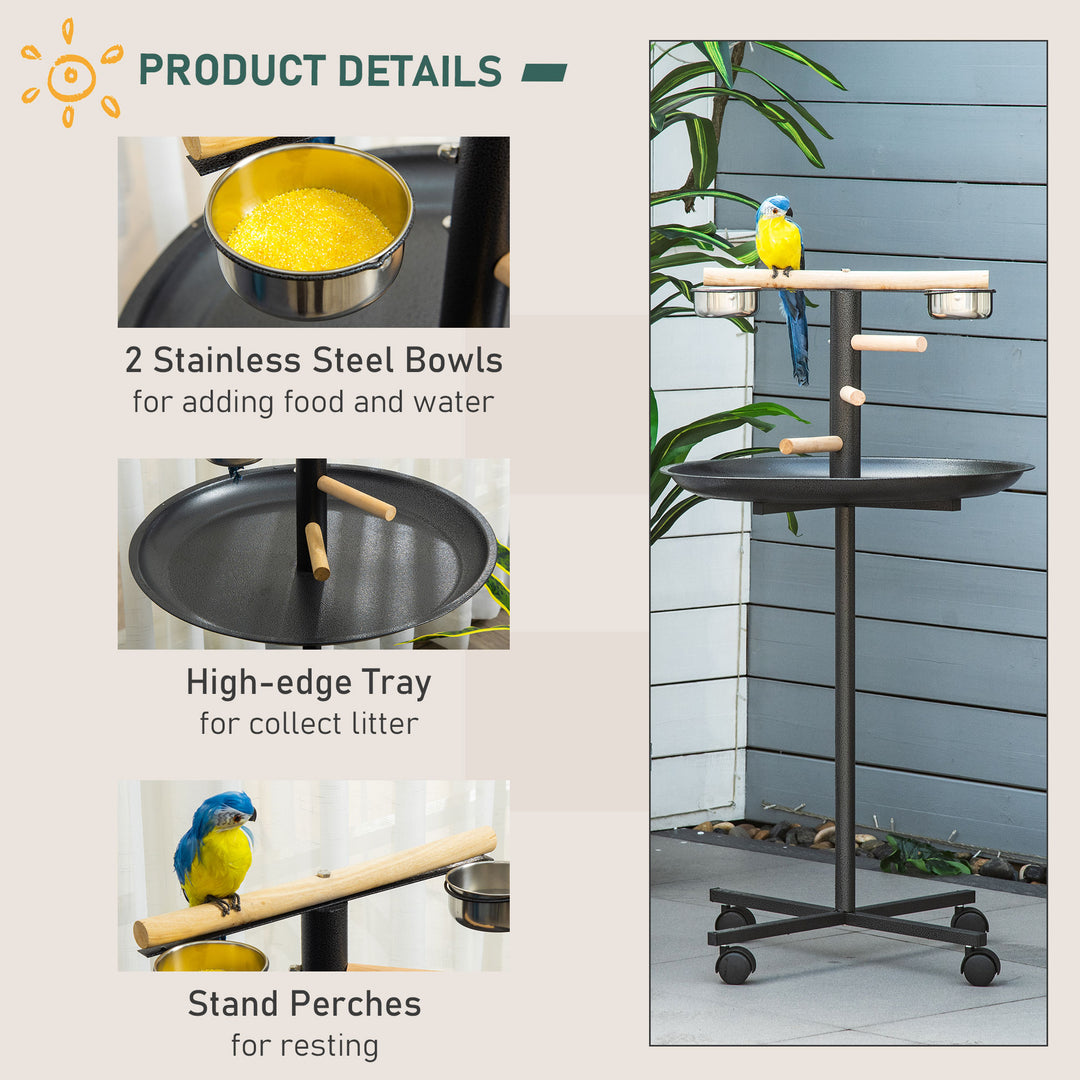 PawHut Metal Bird Table Play Stand, Bird Feeder Station Parrot Perch with Four Wheels Feeding Bowls Round Tray