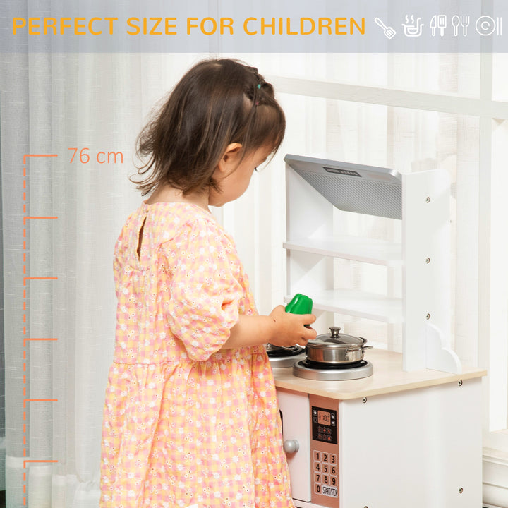 HOMCOM Kids Kitchen Play Cooking Toy Set, Educational Pretend Role Playset Game, Multiple Storage, Cooking Bench, Pots, Storage Basket, Nature Wood