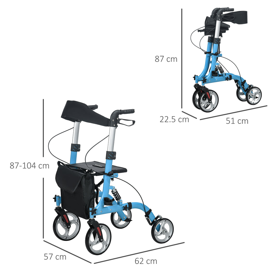 4 Wheel Rollator with Seat and Back, Lightweight Folding Mobility Walker with Large Wheels, Carry Bag, Adjustable Height, Aluminium Walking Frame with Dual Brakes for Seniors, Blue
