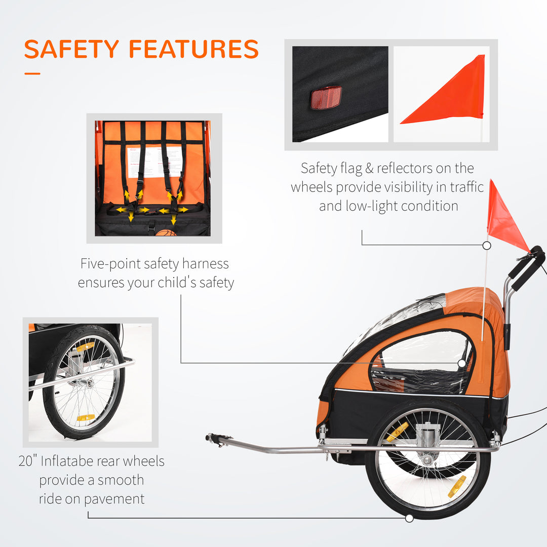Collapsible Bike Trailer 2-Seater for Baby Bicycle with Pivot Wheel Suitable For 18 Month + Child Orange