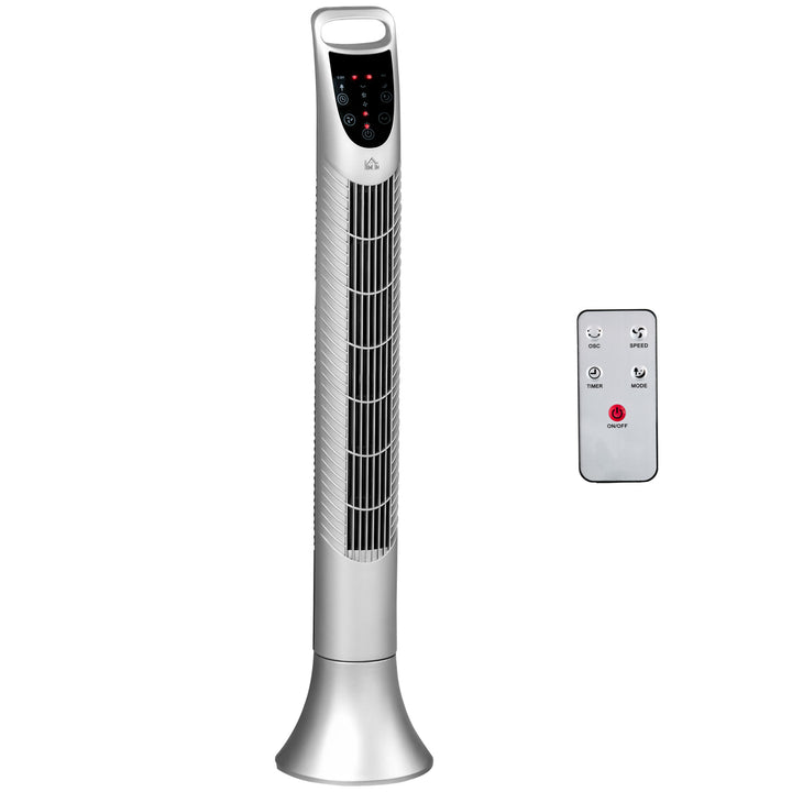 HOMCOM 36'' Freestanding Tower Fan, 3 Speed 3 Mode, 7.5h Timer, 70 Degree Oscillation, LED Panel, 5M Remote Controller, Silver