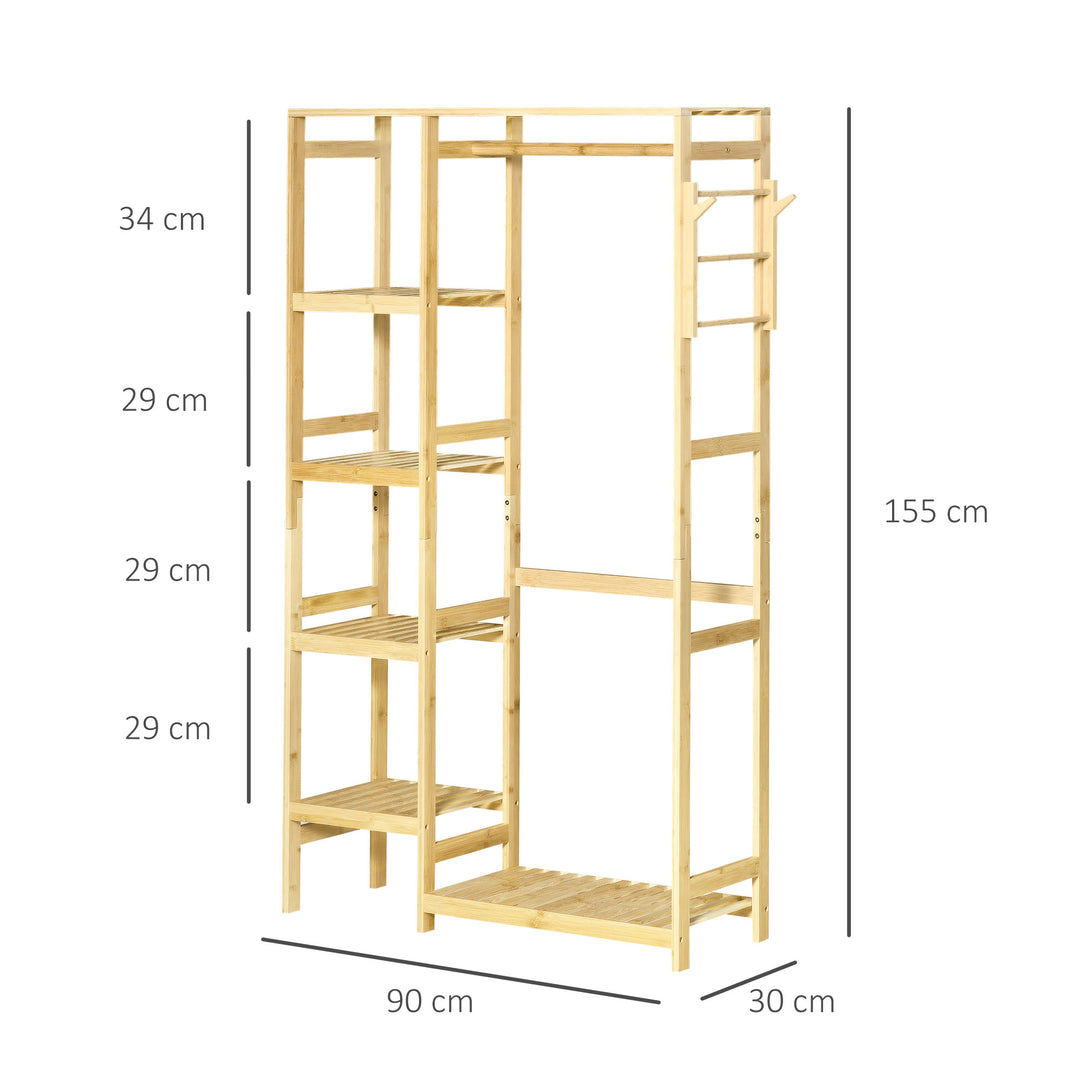 Bamboo Garment Rack, Clothes Rack with Storage Shelf, Hanging Rail and Side Hooks for Entryway, Bedroom, Bathroom and Office, Natural