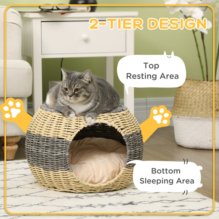 Wicker Cat House, Rattan Raised Cat Bed, Cosy Kitten Cave with Soft Washable Cushion, Φ40 x 30cm