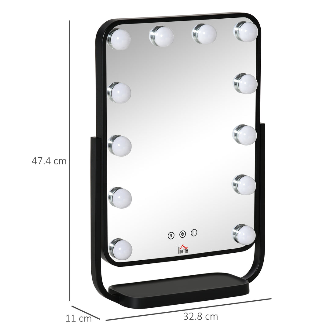 Hollywood Makeup Mirror with LED Lights, Tabletop Vanity Mirror with 12 Dimmable LED Bulbs, Memory Function and Metal Frame, Black