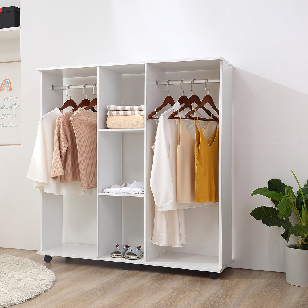 Double Mobile Open Wardrobe With Clothes Hanging Rails Storage Shelves Organizer Bedroom Furniture - White