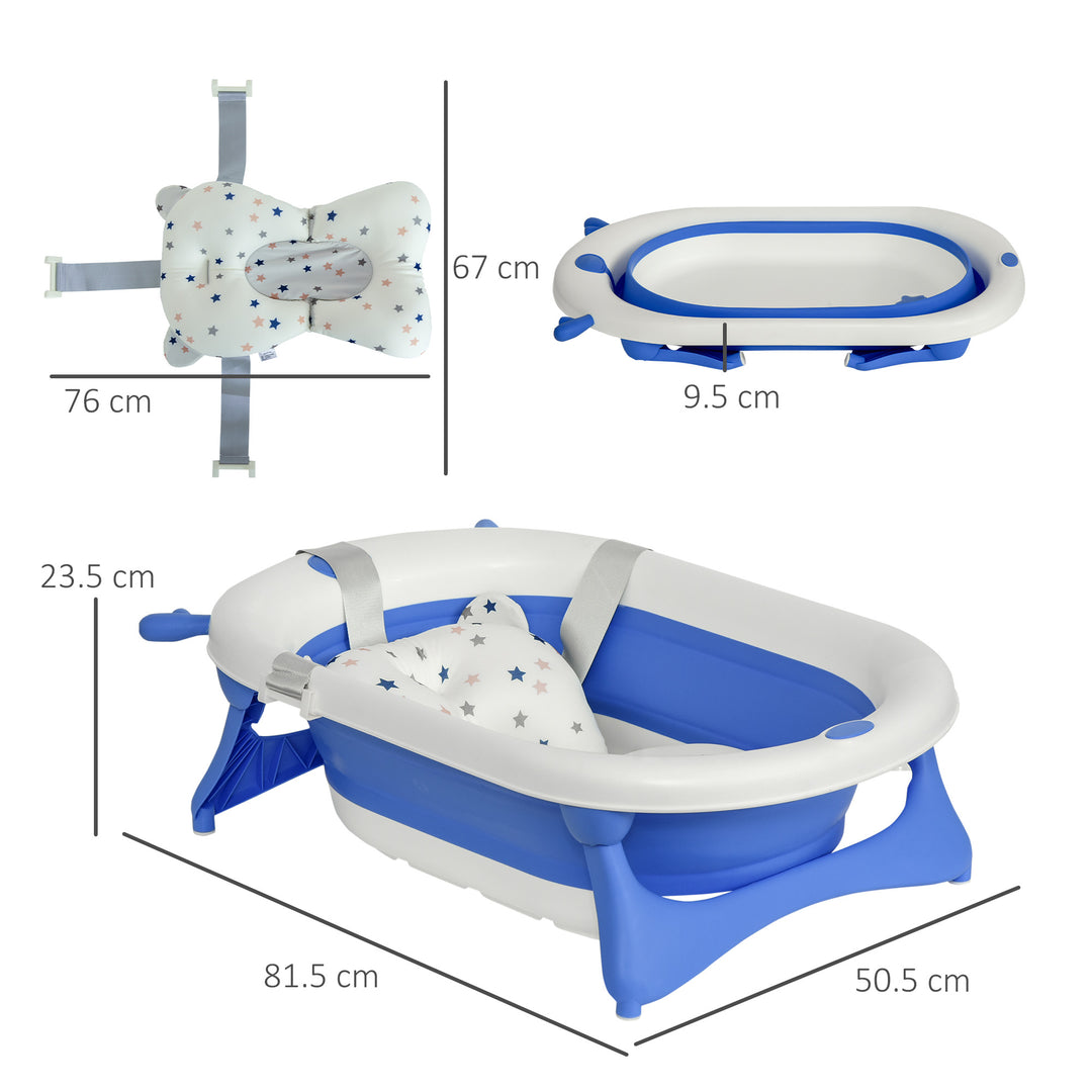 Collapsible Baby Bath Tub Foldable Ergonomic w/ Cushion Temperature Sensitive Water Plug Non-Slip Support Leg Portable for 0-3 Years, Blue