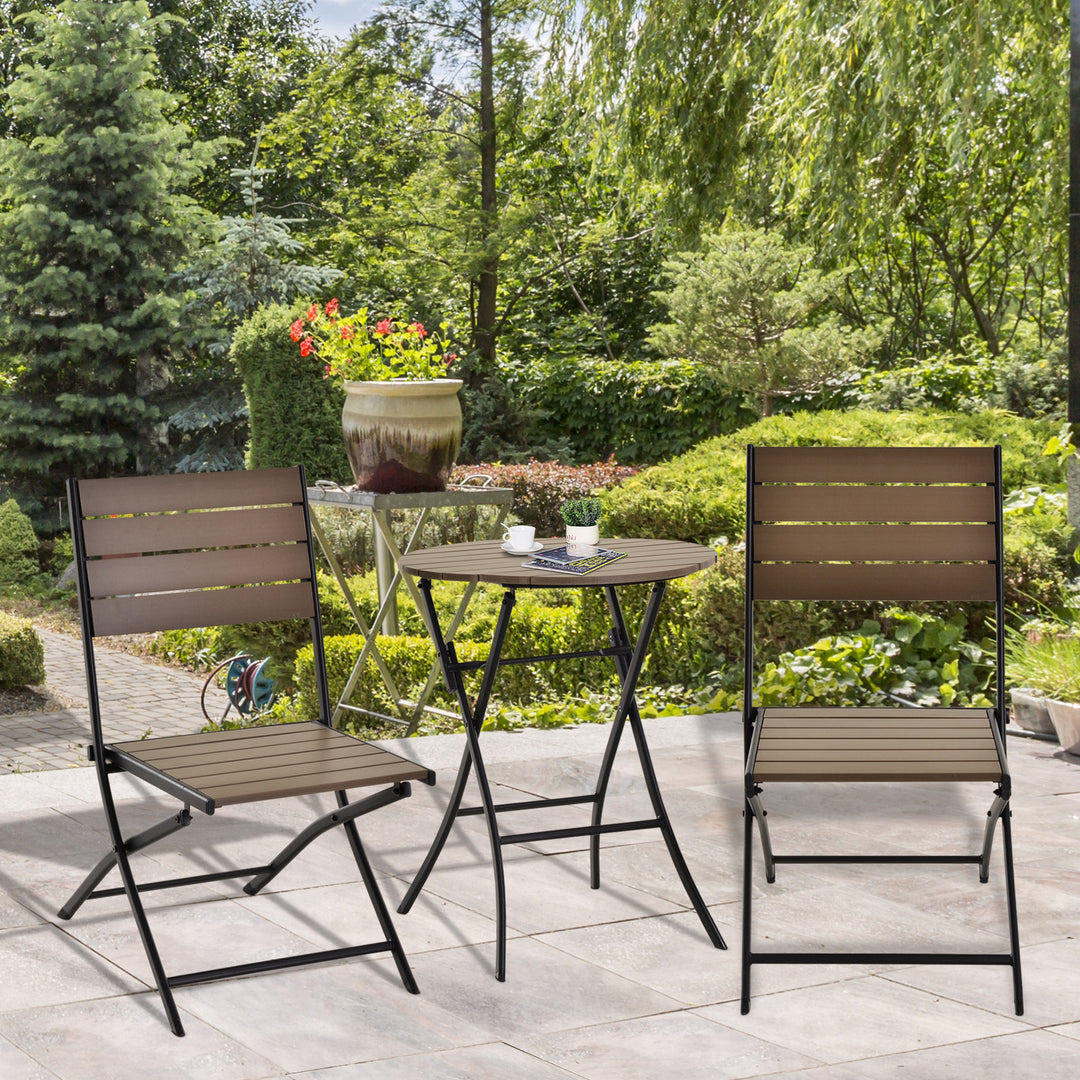 3 Pcs Folding Bistro Dining Set 2 Single Chair 1 Dining Table Metal Frame Plastic Panel Slatted Compact Garden Outdoor Apartment Black&amp;Brown