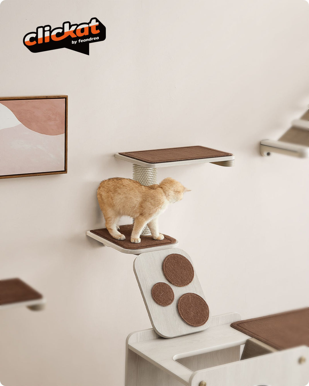 Clickat Wall-Mounted Cat Stairs with Shelf and Self-Groomer