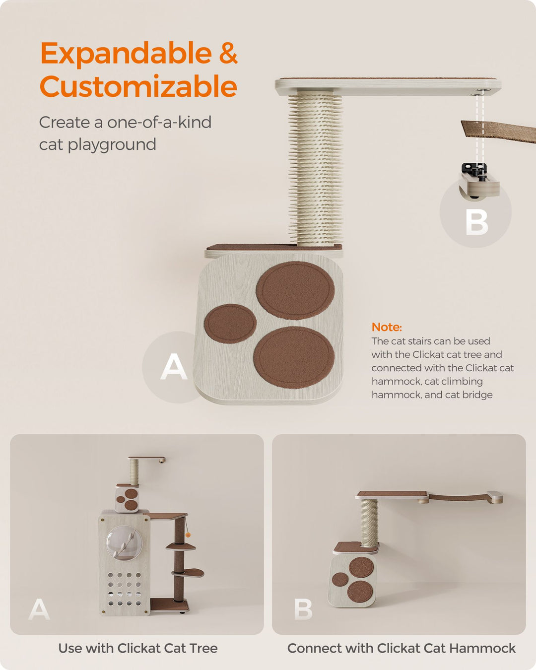 Clickat Wall-Mounted Cat Stairs with Shelf and Self-Groomer