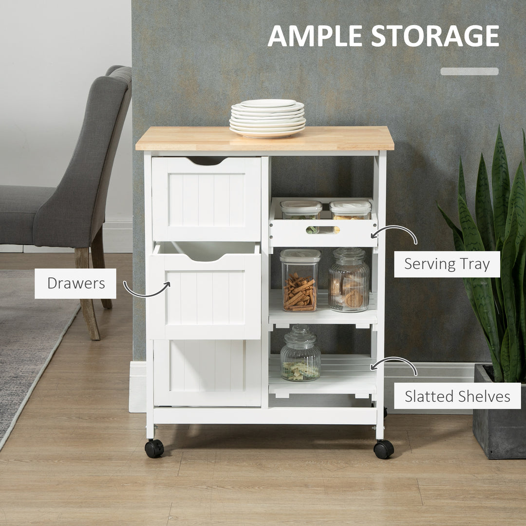 Rolling Kitchen Island Cart, Bar Serving Cart, Compact Trolley on Wheels with Wood Top, Shelves &amp; Drawers for Home Dining Area, White