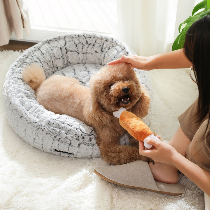 Grey Round Washable Dog Bed with Non-Slip Bottom