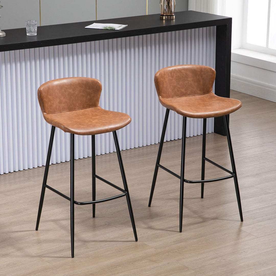 Bar Stools Set of 2, PU Leather Upholstered Bar Chairs, Kitchen Stools with Backs and Steel Legs for Dining Room, Brown