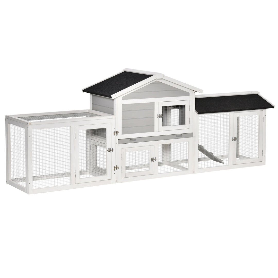 PawHut 2 Tier Wooden Rabbit Hutch Small Pet House Bunny Run Cage with Pull Out Tray Ramps Lockable Doors Large Run Area Asphalt Roof for Outdoor Grey