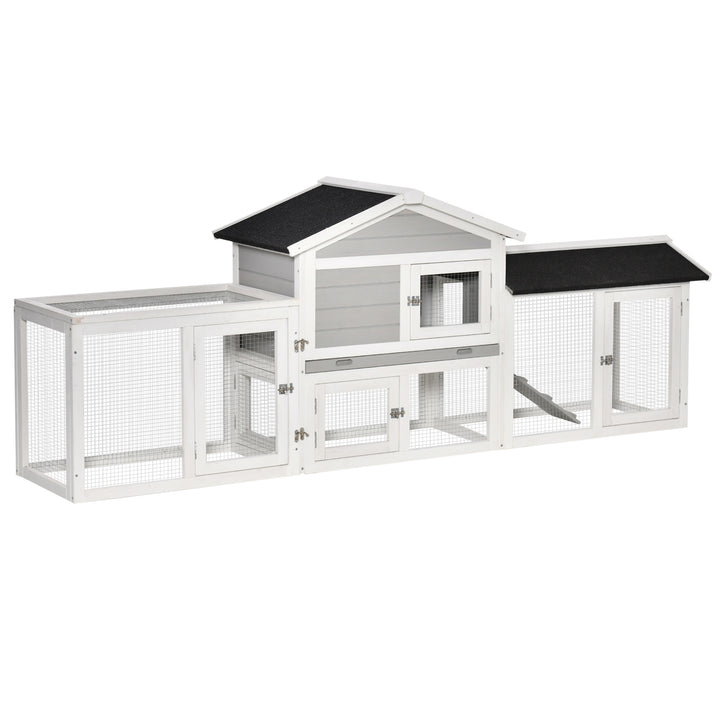 PawHut 2 Tier Wooden Rabbit Hutch Small Pet House Bunny Run Cage with Pull Out Tray Ramps Lockable Doors Large Run Area Asphalt Roof for Outdoor Grey