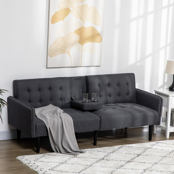 Upholstered 3 Seater Sofa Bed, Linen-Touch Sleeper Futon Recliner with Storage and Cupholders, Grey
