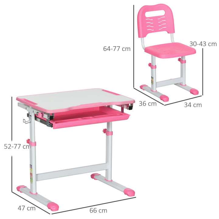 HOMCOM Kids Desk and Chair Set, Student Adjustable Writing Desk, with Drawer, Pen Slot, Hook - Pink