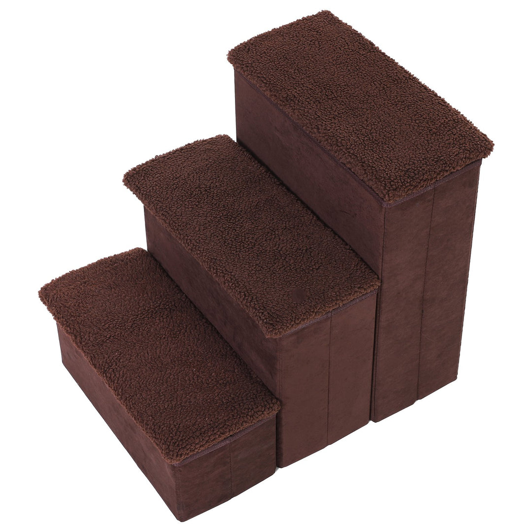 3 Step Pet Stairs Foldable Portable Mobility Assistance w/ Washable Fleece Cover 41x19cm Brown
