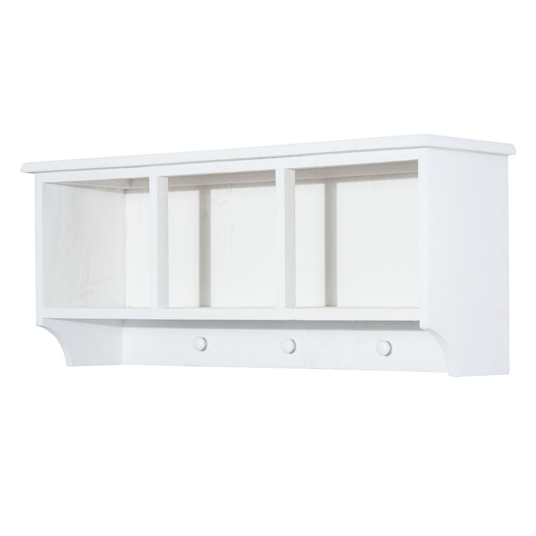 Entryway Coat Rack Wall Mounted Shelf w/Wicker Basket and Hooks (3 Baskets, White)