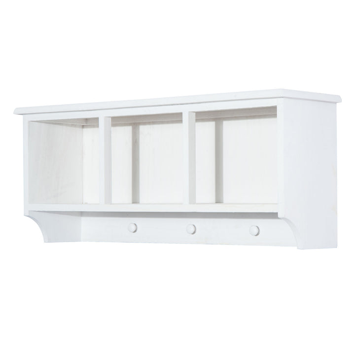 Entryway Coat Rack Wall Mounted Shelf w/Wicker Basket and Hooks (3 Baskets, White)