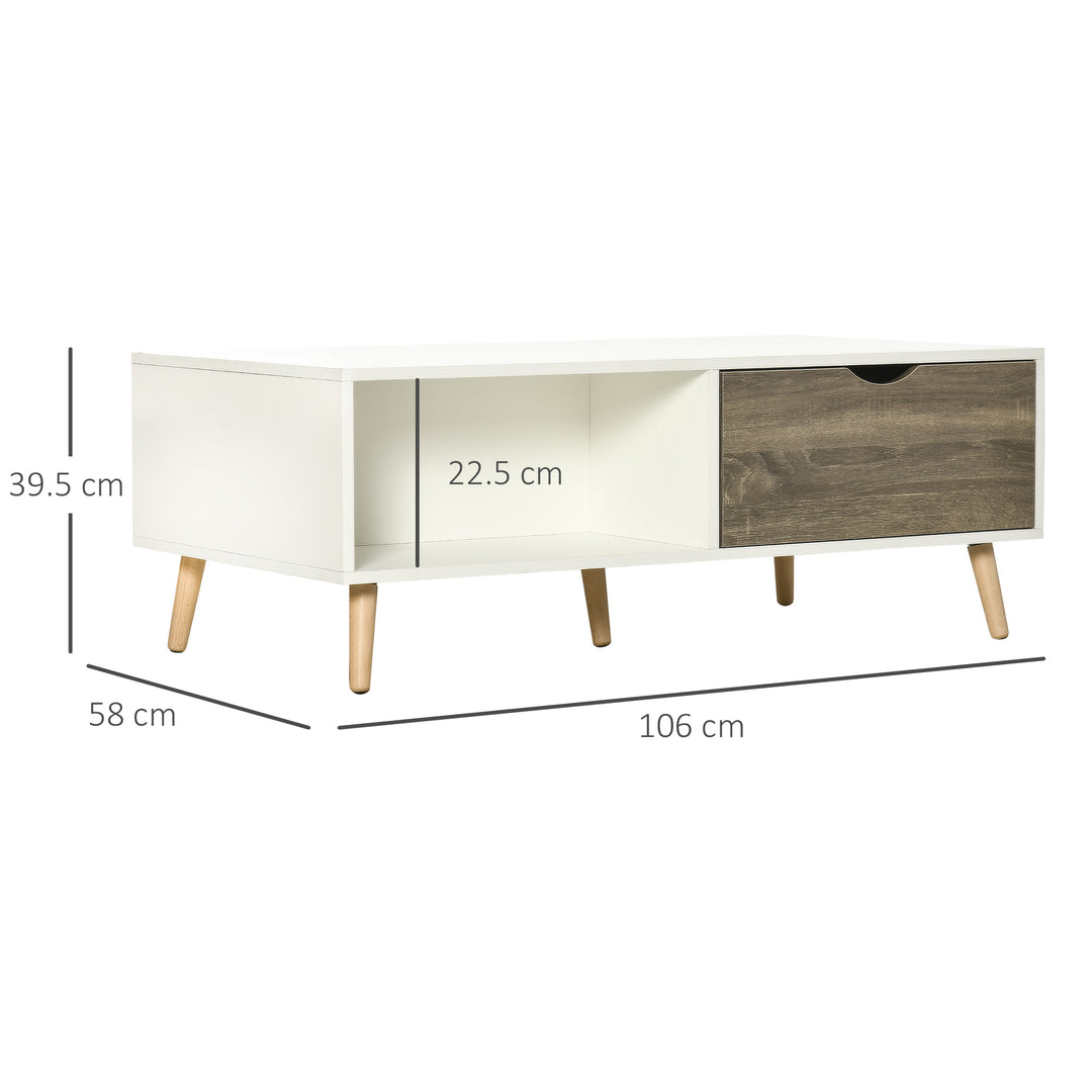 Coffee Table, Modern Tea Table with Open Storage Shelves, Two Drawers and Solid Wood Legs, Coffee Tables for Living Room, Bed Room, White