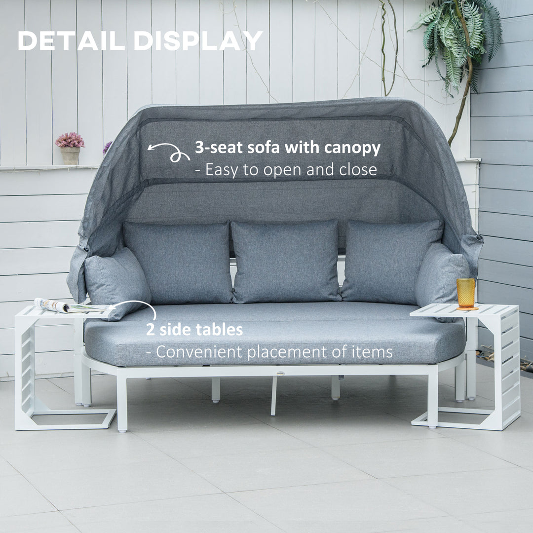 4 Pieces Outdoor Garden Sofa Set, Aluminum Patio Lounge Bed Furniture Set, with Canopy, Padded Cushions &amp; Side Tables, White