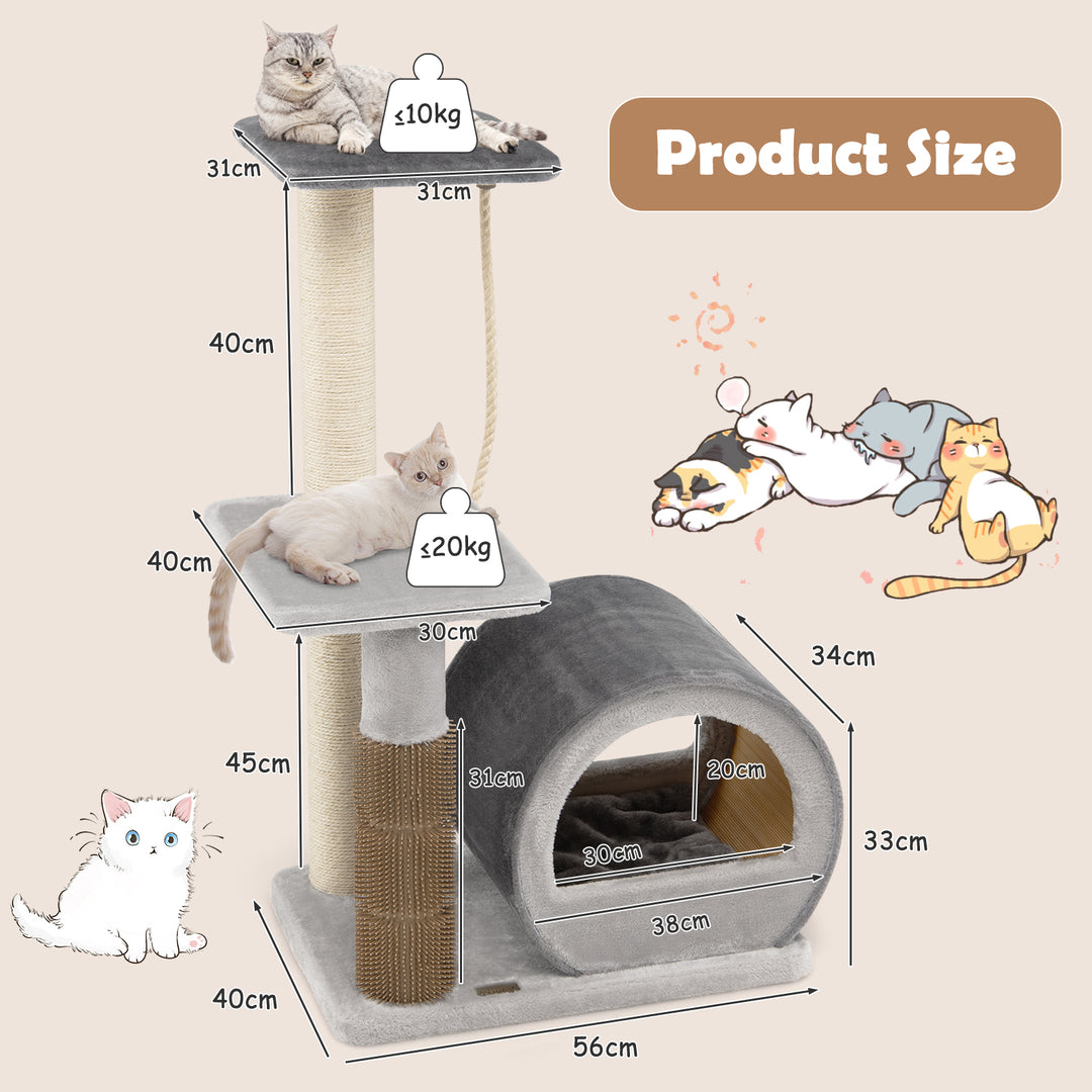 Multi-level Kitty Condo Climbing Tower with Groom Brush and Sisal Rope-Grey