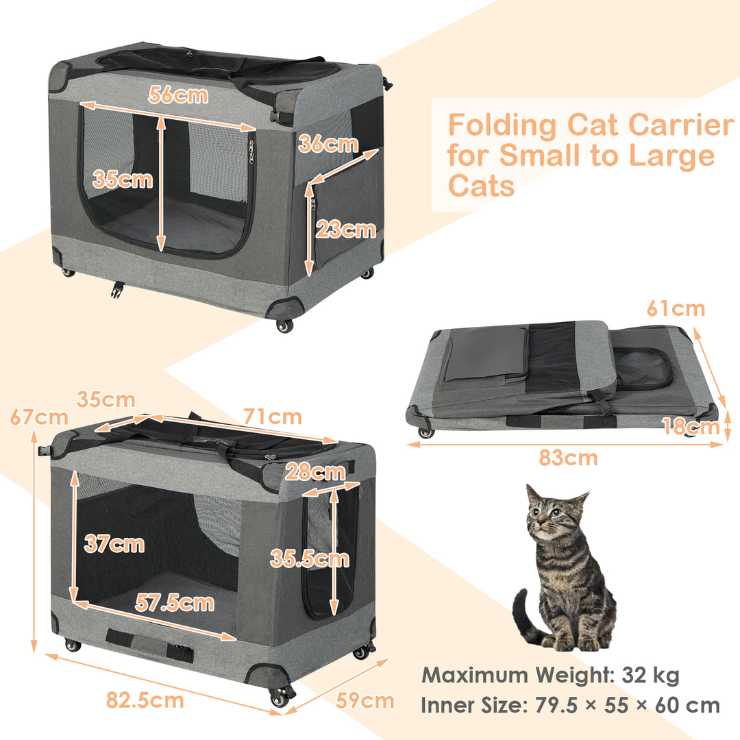 3-Door Folding Cat Carrier with Wheels and Removable Mat
