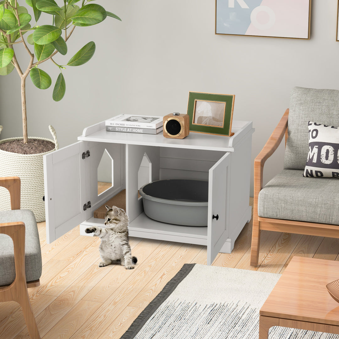 Cat Litter Box with Scratching Pad and Adjustable Divider-White