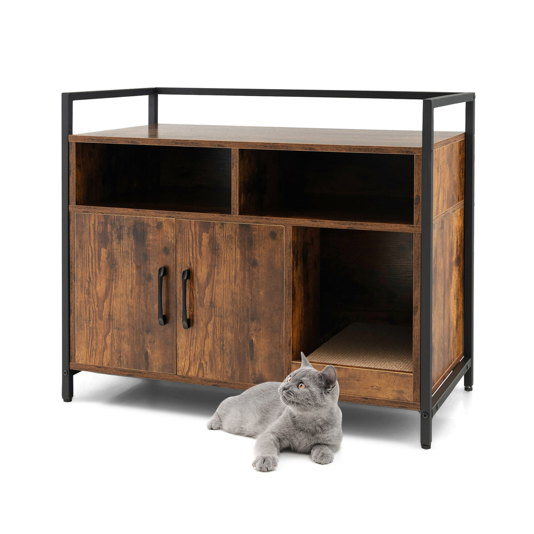 Wooden Cat Litter Box with Compartments-Brown