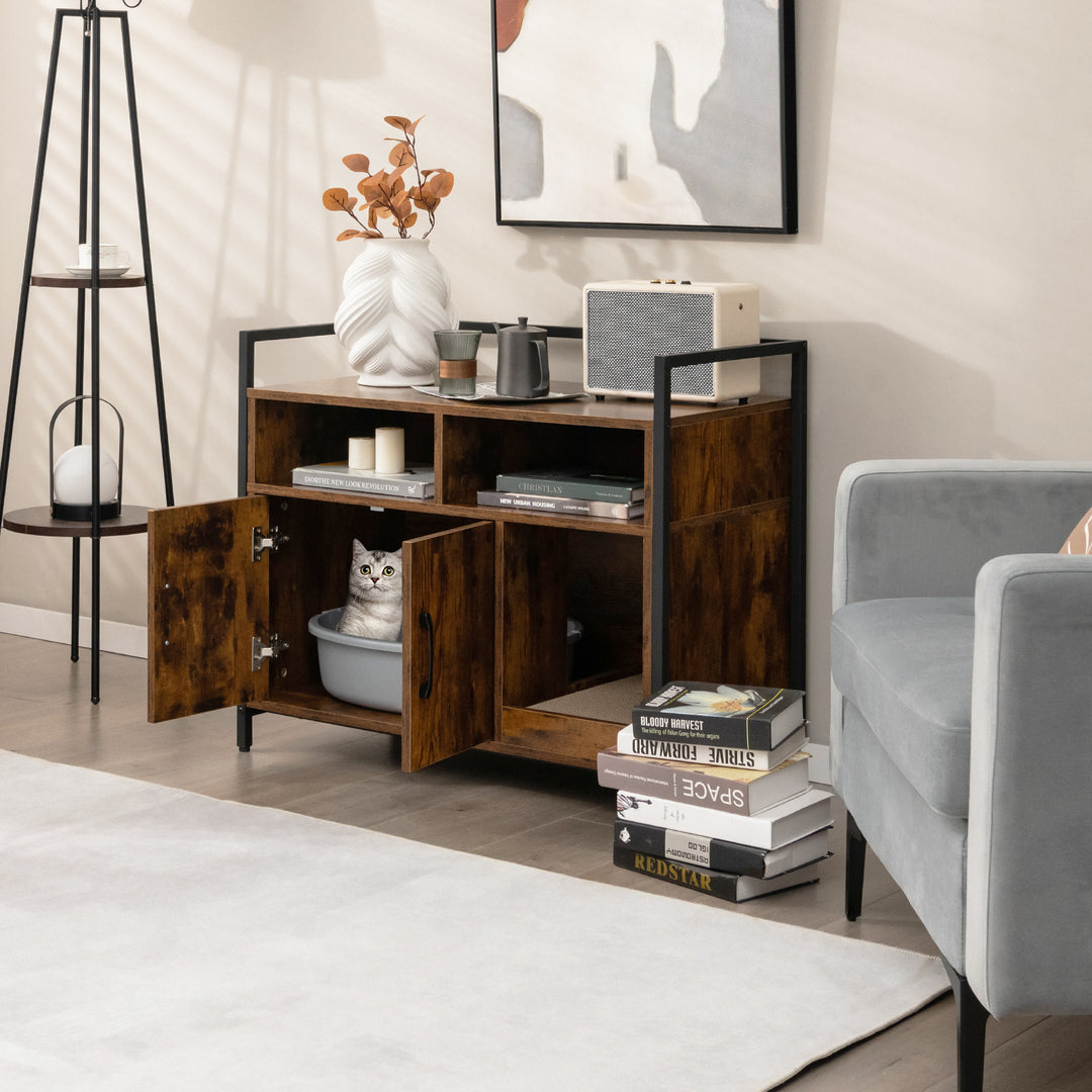 Wooden Cat Litter Box with Compartments-Brown