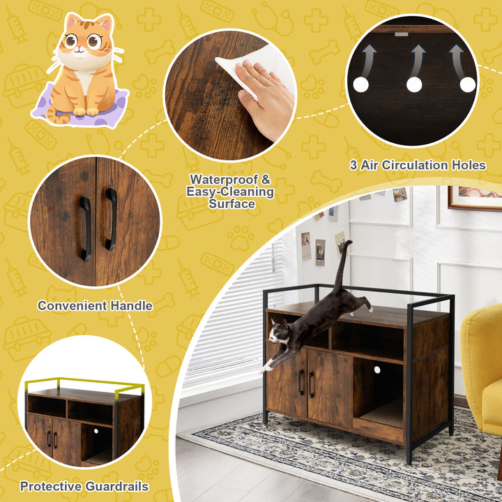 Wooden Cat Litter Box with Compartments-Brown