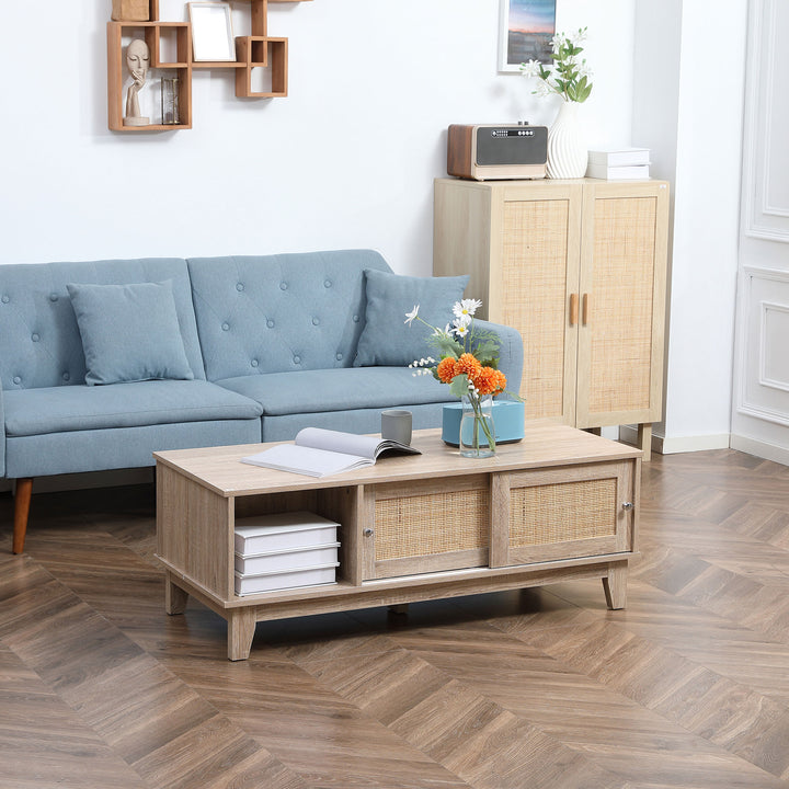 Coffee Table with Storage, Tea Table with Sliding Doors and Natural Woven Rattan for Living Room, Office, Study Room, Reception Room