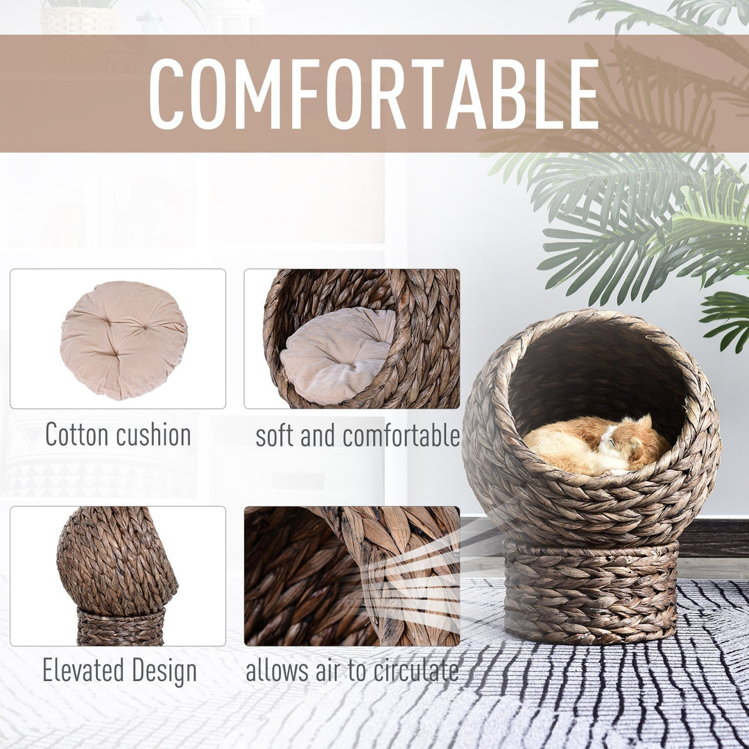 Woven Banana Leaf Elevated Cat Bed House Basket Soft Cushion Dome Basket 42x33x52 cm Dark Brown (base) &amp; Beige (cushion)
