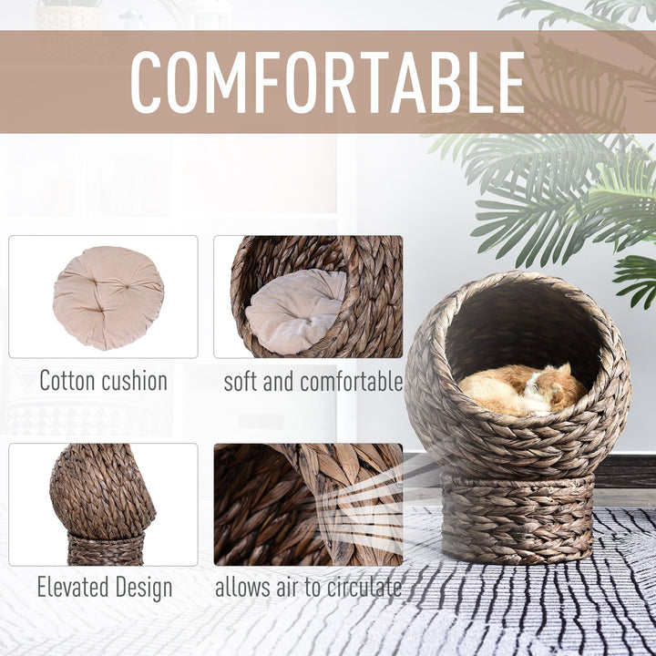 Woven Banana Leaf Elevated Cat Bed House Basket Soft Cushion Dome Basket 42x33x52 cm Dark Brown (base) &amp; Beige (cushion)
