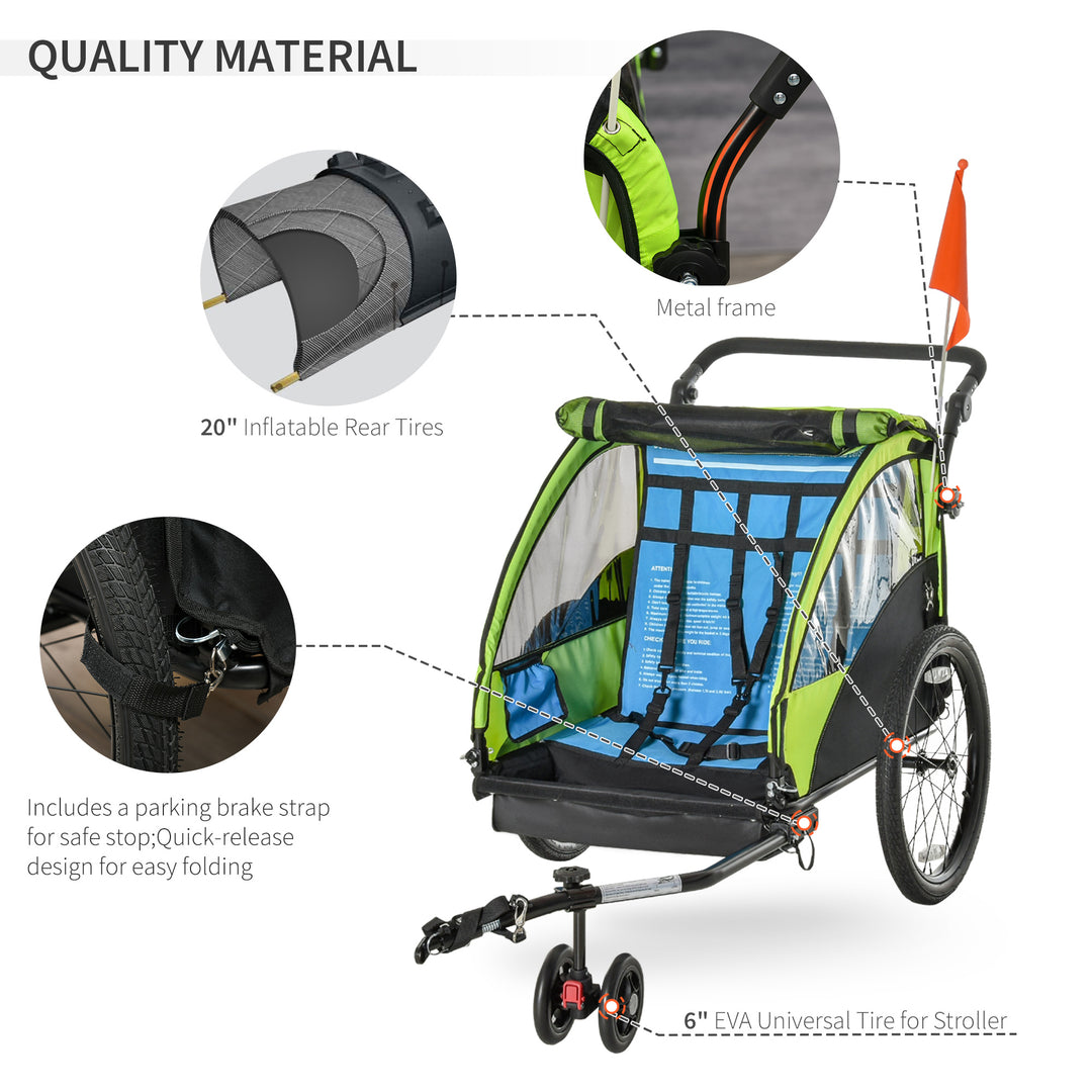 2 In 1 Trailer for Kids Child Foldable Baby Stroller 2-Seater Transport Carrier with Adjustable Handlebar Storage Bag Flag Green by HOMCOM