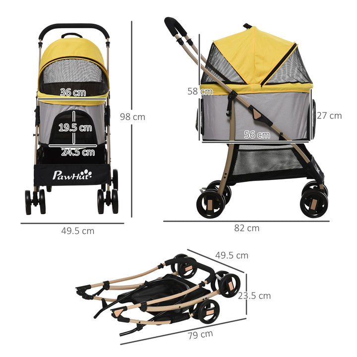 PawHut Detachable Dog Pushchair, 3-In-1 Dog Cat Travel Carriage, Foldable Carrying Bag with Universal Wheel Brake Canopy Basket Storage Bag, Yellow