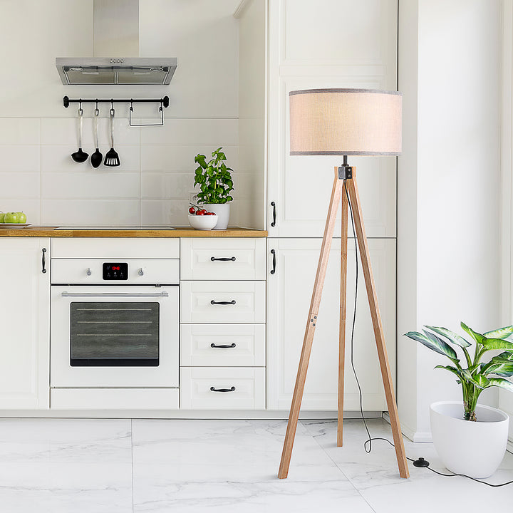 5FT Elegant Wood Tripod Floor Lamp Free Standing E27 Bulb Lamp Versatile Use for Home Office - Grey