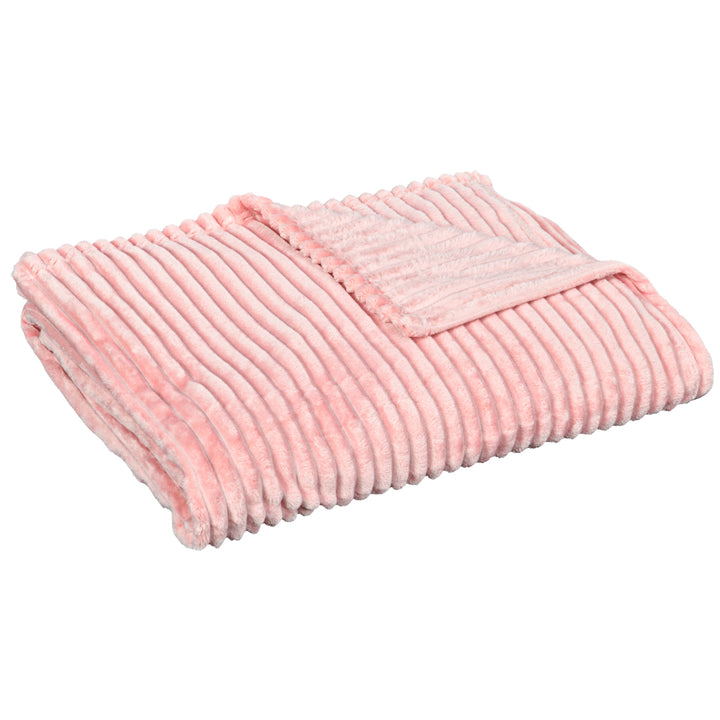 Flannel Fleece Throw Blanket, Fluffy Warm Throw Blanket, Striped Reversible Travel Bedspread, Double Size, 203 x 153cm, Pink