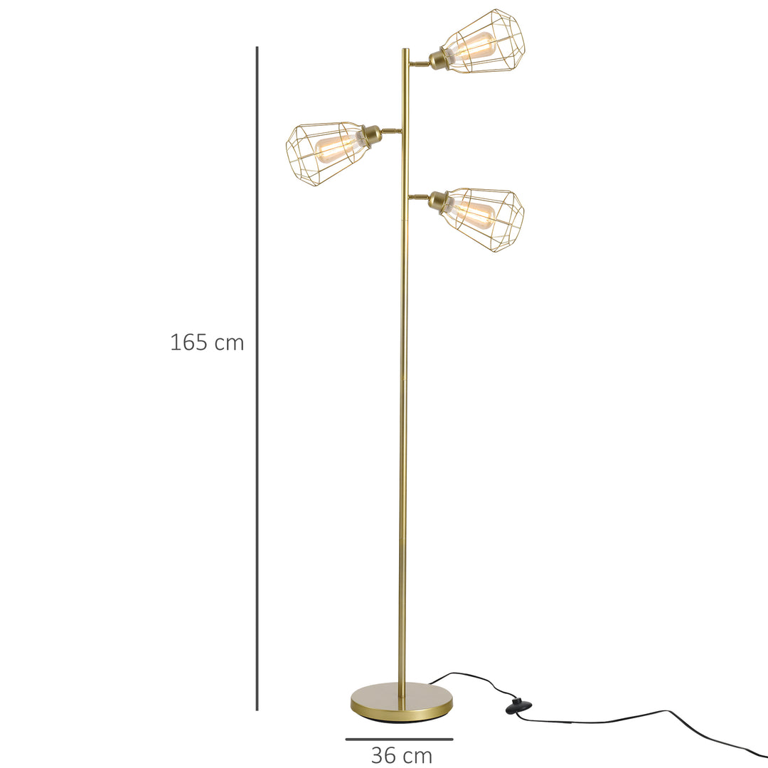 Retro Practical Tree Floor Lamp 3 Angle Adjustable Lampshade Steel Base for Living Room Bedroom Office Gold 165cm