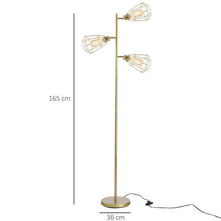 Retro Practical Tree Floor Lamp 3 Angle Adjustable Lampshade Steel Base for Living Room Bedroom Office Gold 165cm