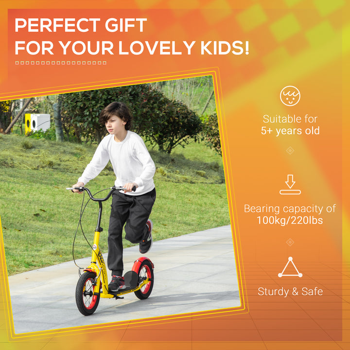 Kids Kick Scooter, w/ Adjustable Height, Front Rear Dual Brakes, 12 Inch Inflatable Rubber Wheels, for Ages 5+ Years - Yellow