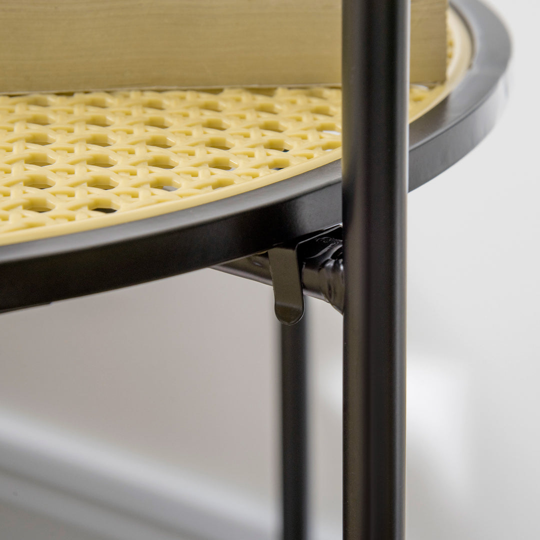 Round Side Table with Detachable Tray and Plastic Rattan Shelf, End Table with Steel Frame, Black