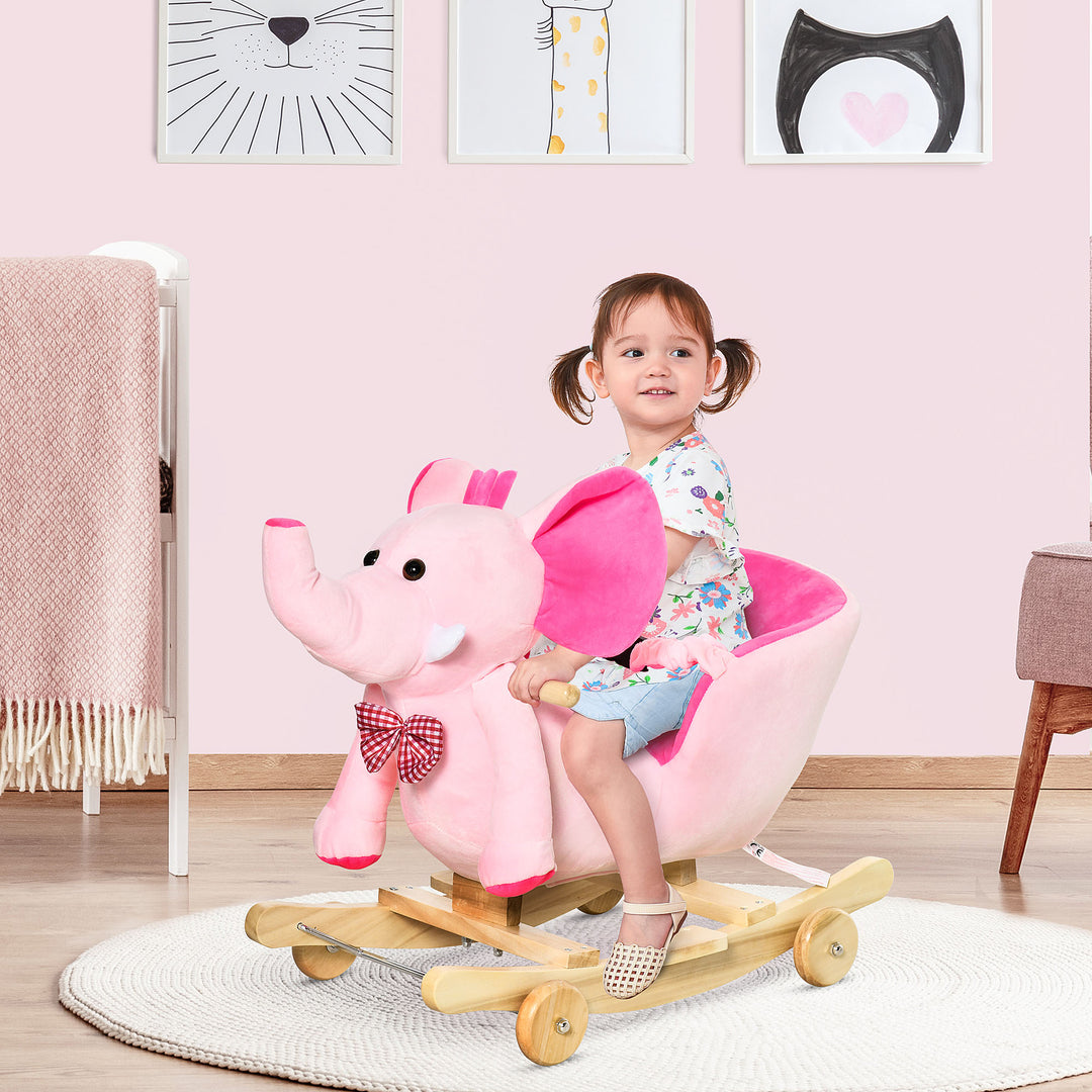 Plush Baby Ride on Rocking Horse Elephant Rocker with Wheels Wooden Toy for Kids 32 Songs (Pink)