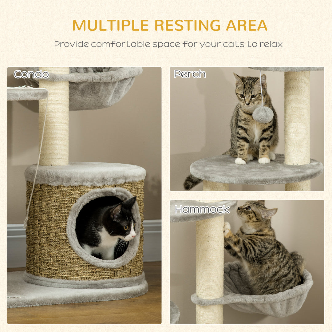 Cat Tree, 115cm Cat Climbing Tower, kitten Activity Centre with Fluffy House and Hammock, Jute Scratching Post and Hanging Ball, Light Grey