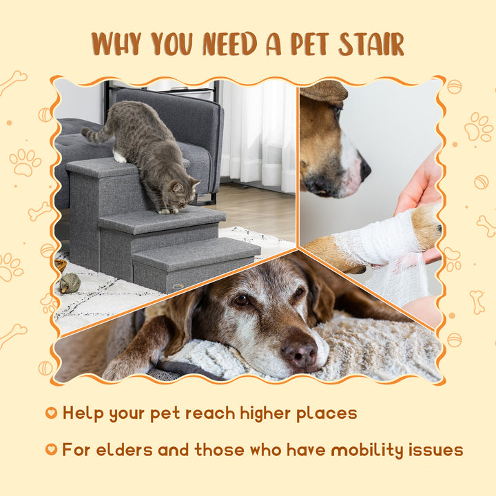 PawHut Cat Stairs with Storage Boxes, 3 Steps Dog Stairs for Bed, Pet Ladder for Couch Sofa, Easy Installation, 63.5 x 42.5 x 40.5 cm, Light Grey