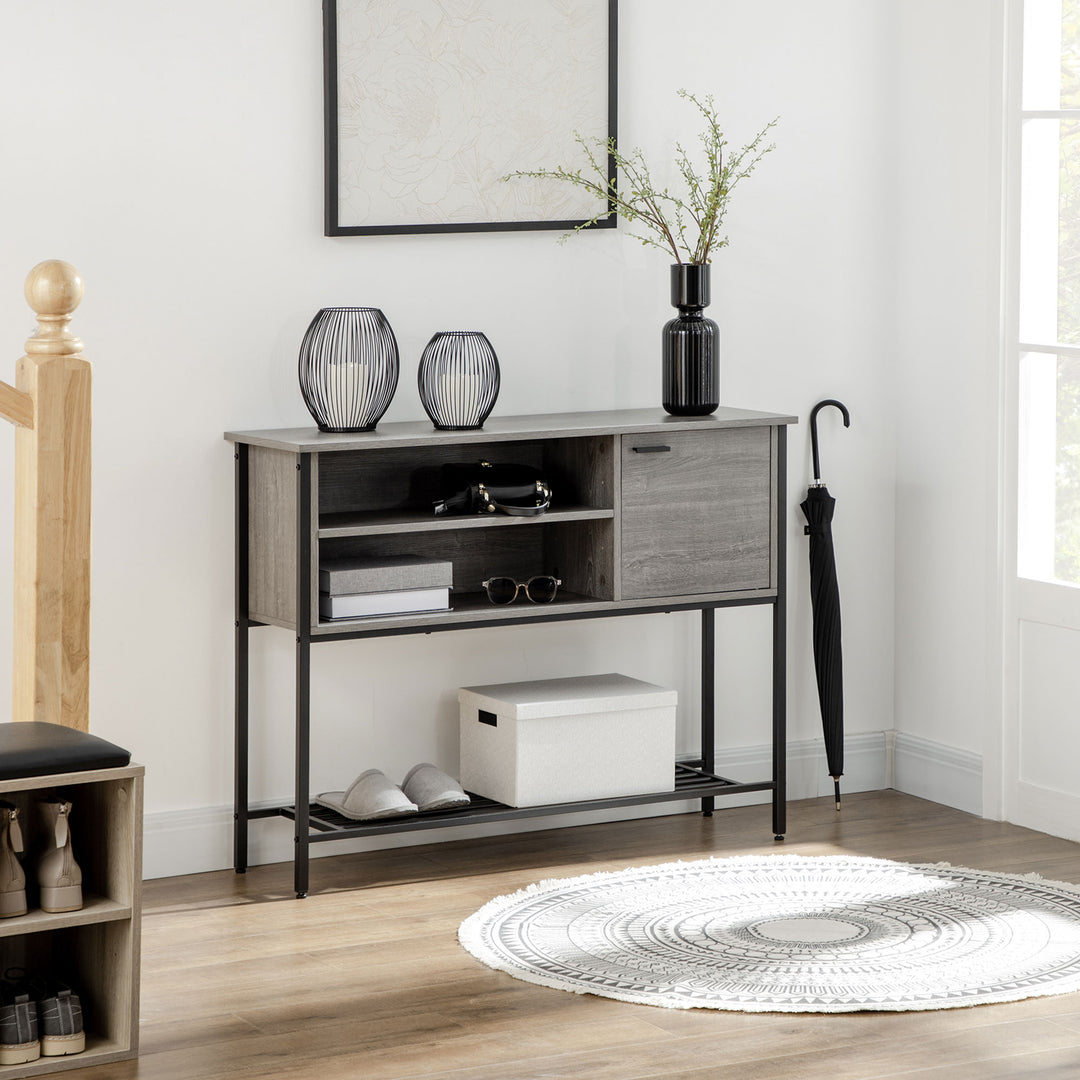 Industrial Console Table, Narrow Hallway Table with Cabinet, Open Compartments and Slatted Shelf for Entryway, Grey
