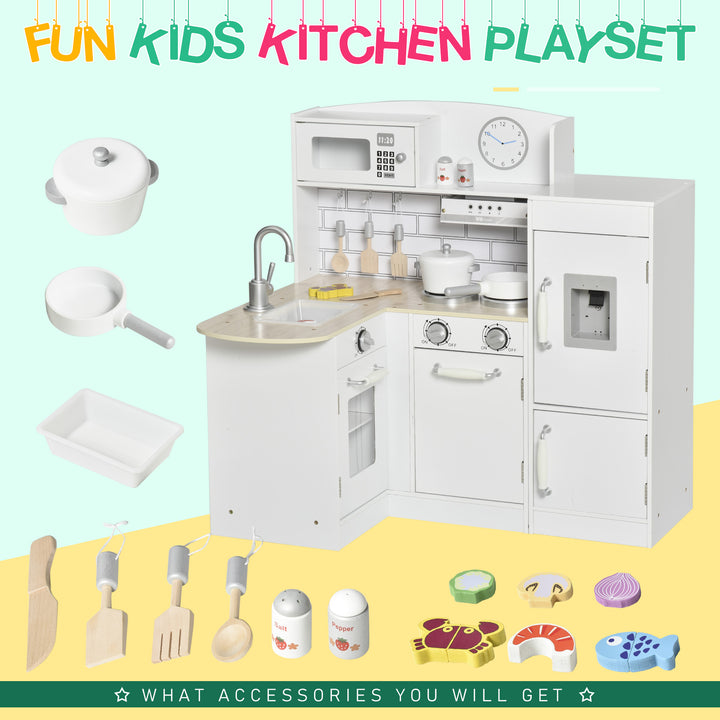 HOMCOM Kids Play Kitchen Wooden Toy Kitchen Cooking Set for Children with Drinking Fountain, Microwave, and Fridge White